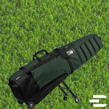 green and black Sun Mountain Clubglider Meridian golf travel bag cover on green grass.