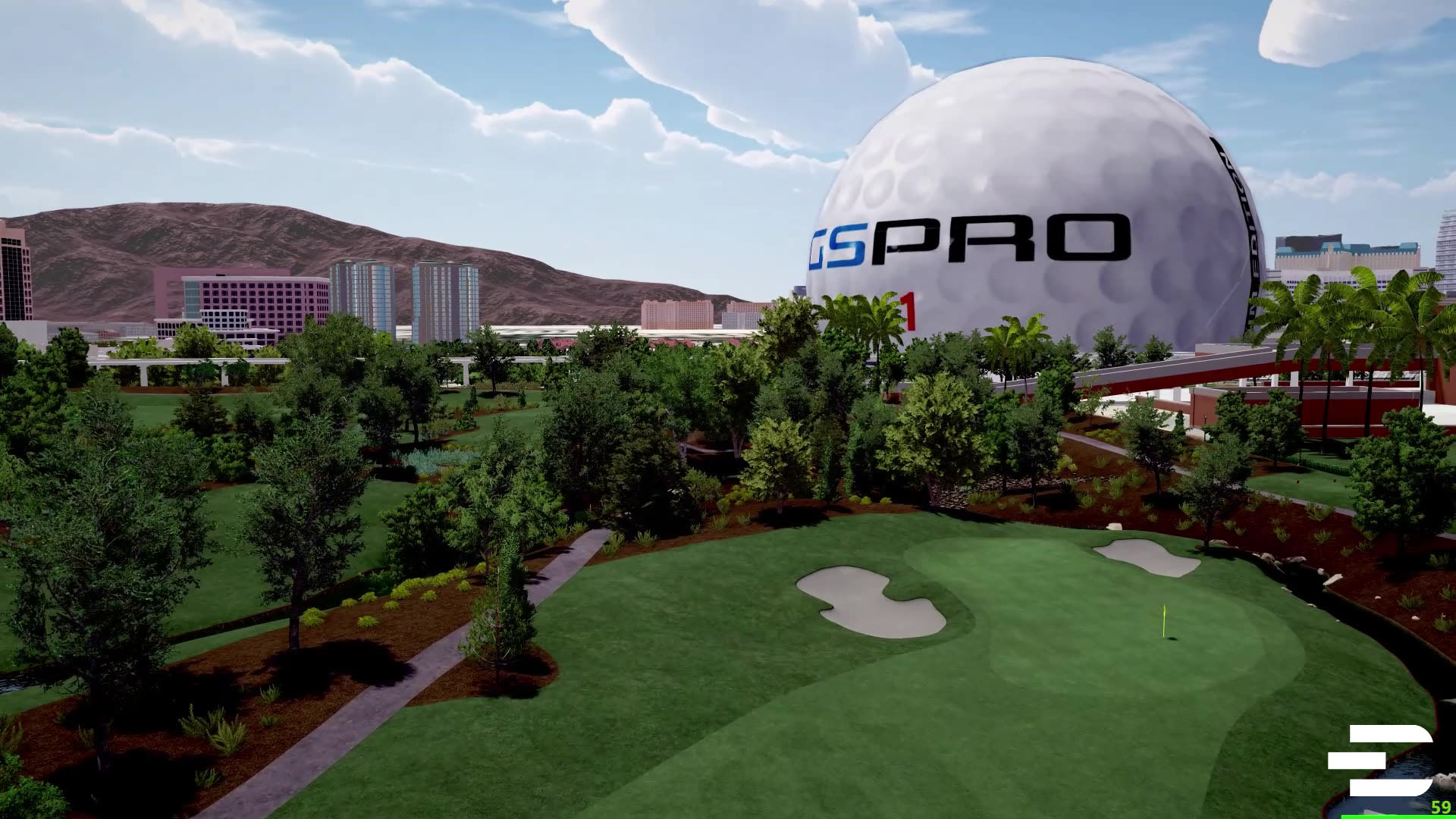 GSPro golf simulation flyover showing realistic course layout with city and mountains in the background.