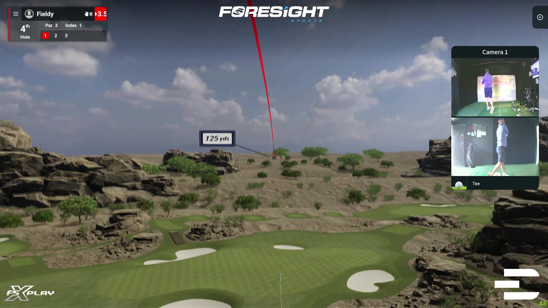 In-game shot on FSX Play using the Bushnell Launch Pro, with carry distance overlay and dual camera angles showing live player swing