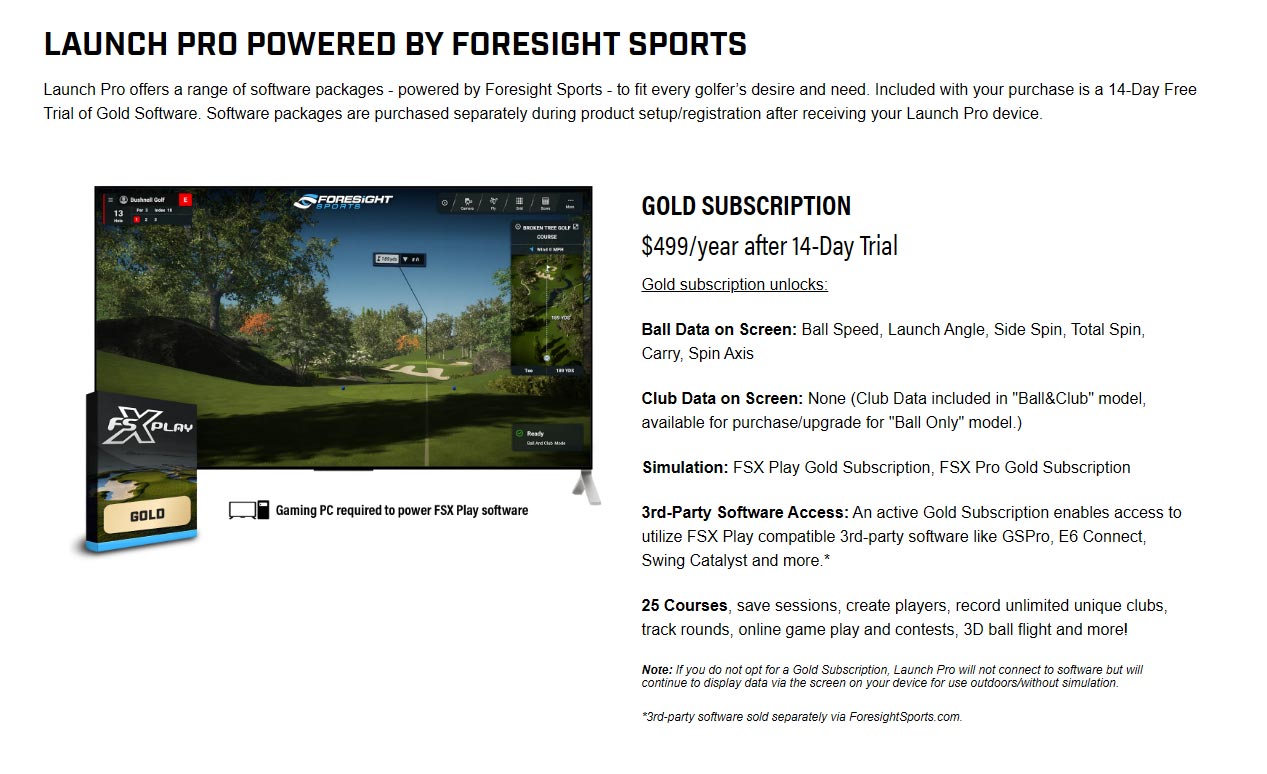Launch Pro Gold subscription details showing FSX Play simulation and included ball data features after 14-day trial.