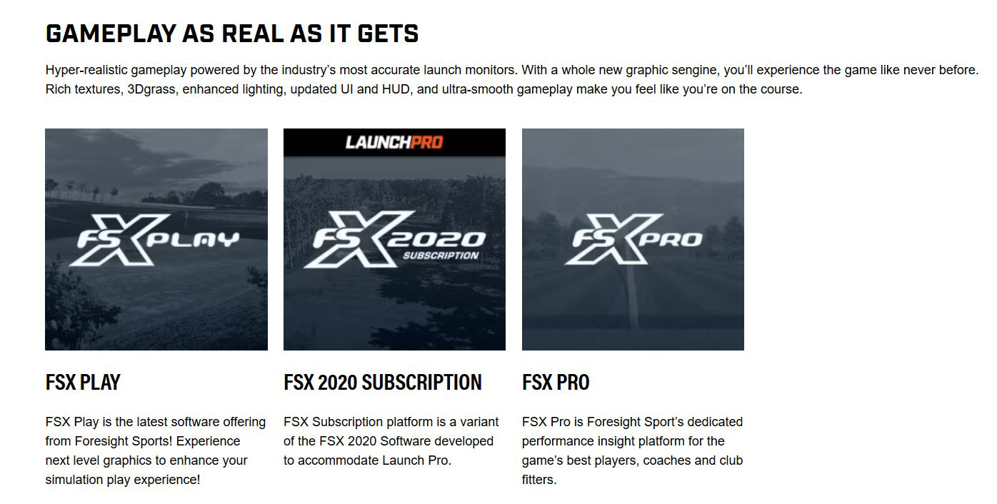 Bushnell Launch Pro software options displayed on official site: FSX Play for next-gen graphics, FSX 2020 subscription for simulation access, and FSX Pro for club fitting and performance analysis