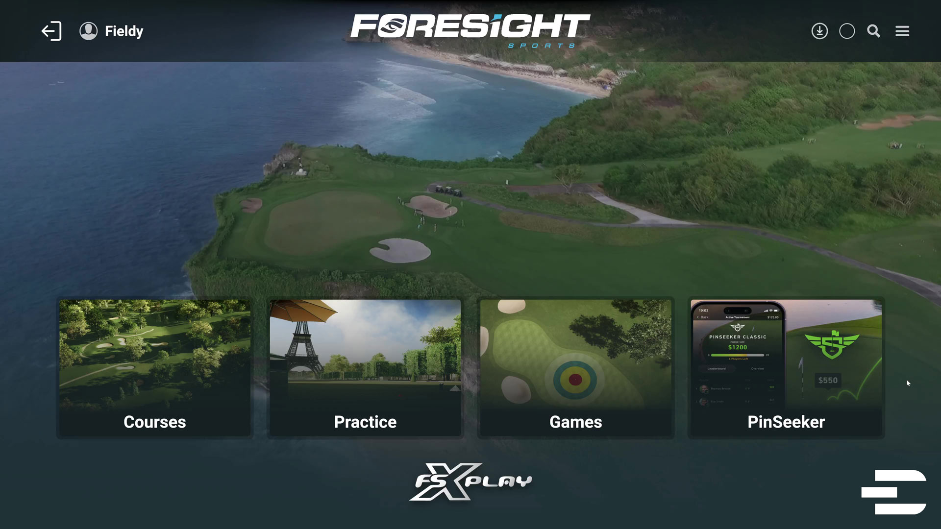 FSX Play main interface showing options for Courses, Practice, Games, and PinSeeker.