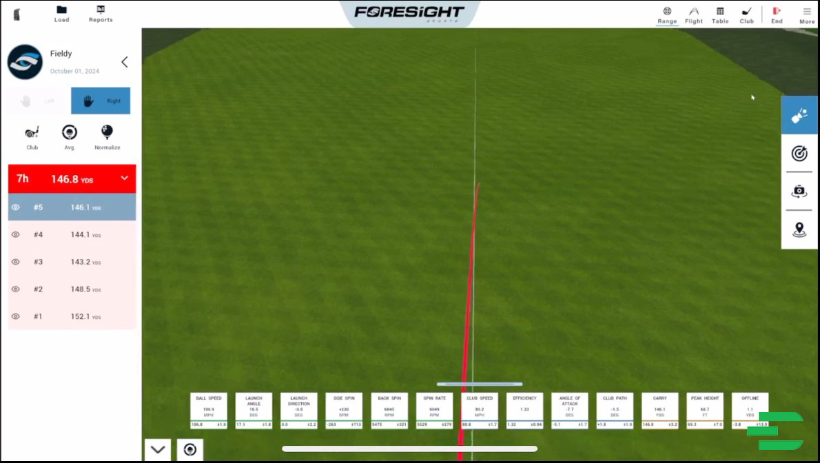 FSX Pro virtual range showing shot dispersion, carry distances, and launch data overlay.