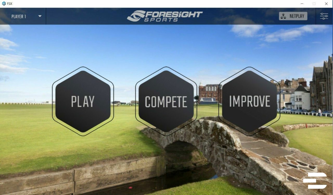 FSX Play home screen showing Play, Compete, and Improve options over a virtual golf course background with Foresight Sports branding