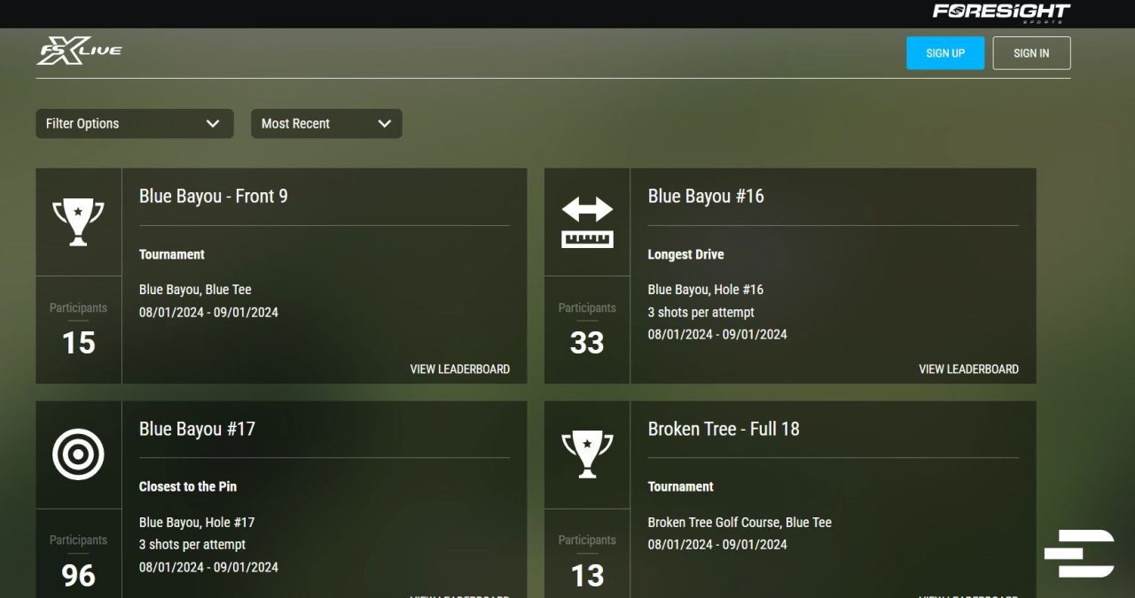 FSX Live competition dashboard showing virtual tournaments, closest to the pin and longest drive events with participant counts and leaderboards for Foresight Sports users