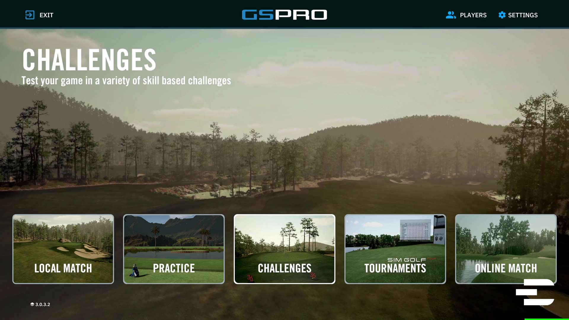 GS Pro golf simulator software challenge mode home screen with local match, practice, tournaments, and online match options