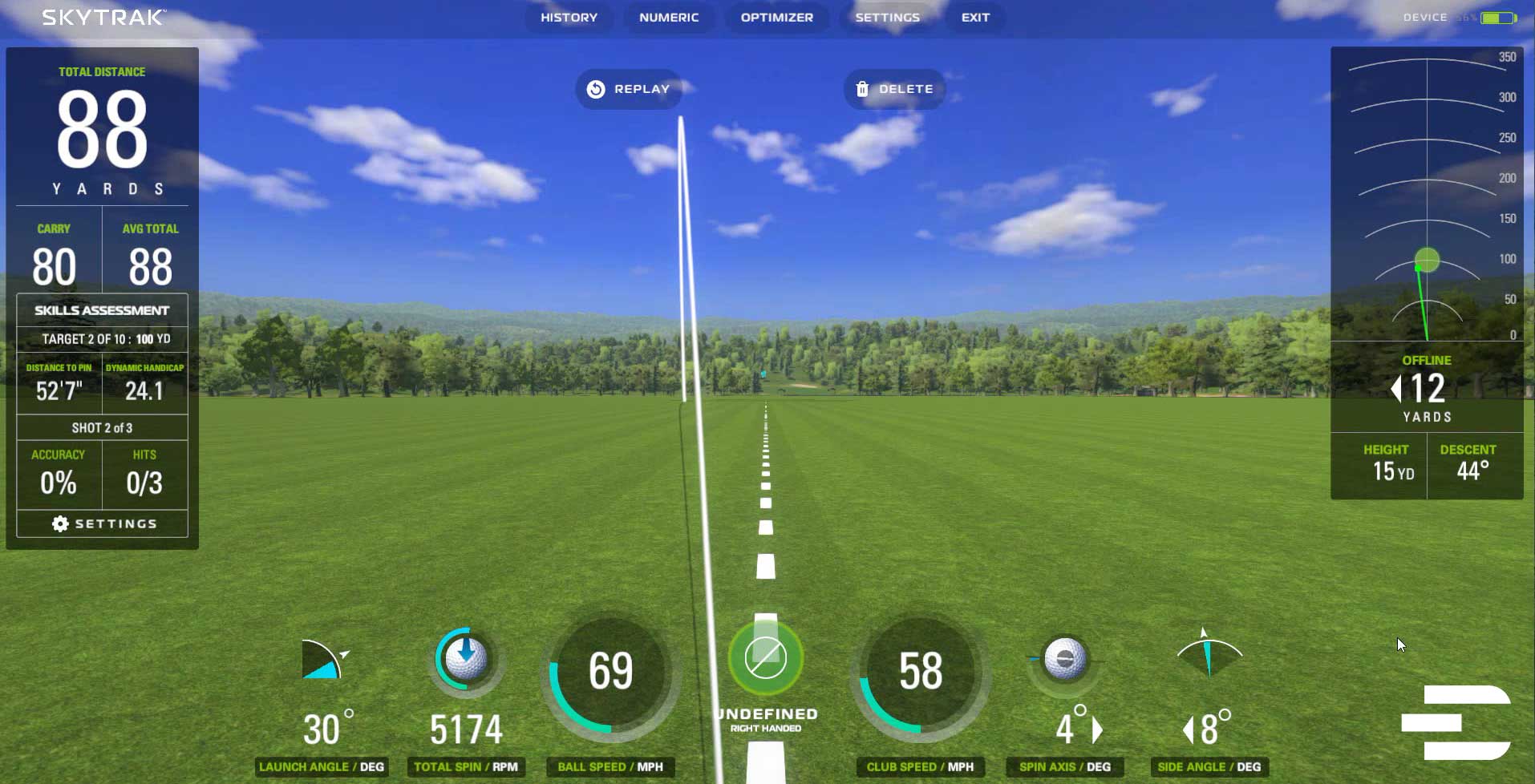 SkyTrak Plus virtual driving range showing shot metrics like spin, carry distance, and dispersion