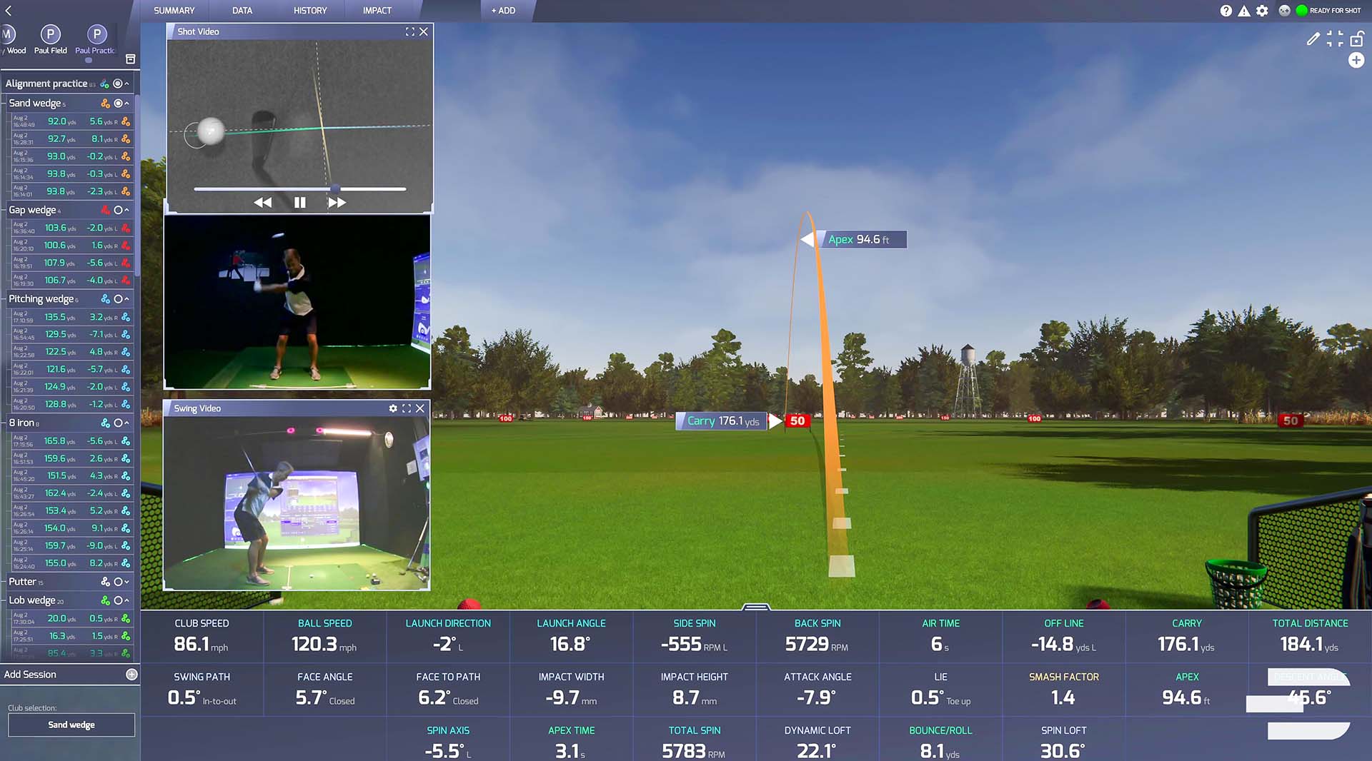 ProTee VX virtual driving range with ball flight, carry distance, apex height, and swing video replays displayed.