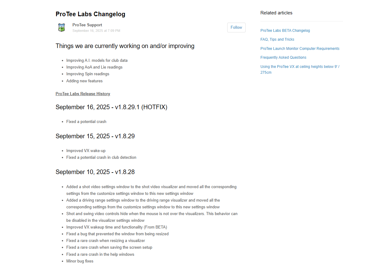 ProTee Labs changelog showing frequent software updates with new features and bug fixes based on customer feedback.